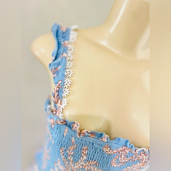 SAINTS & SECRETS
Soleil Ruffle Strap Shirred Dress Leaf Print Blue size med - Picture 12 of 15